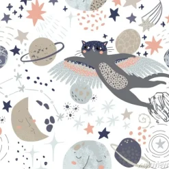 Tapeta: Cartoon cosmic background: flying cat in superhero mask, cute