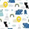 Tapeta: Childish pattern with safari animal, lion, rabbit, cat, and elephant.