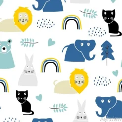 Tapeta: Childish pattern with safari animal, lion, rabbit, cat, and elephant.