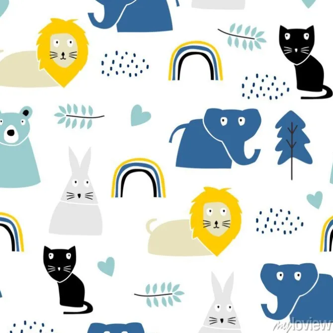 Tapeta: Childish pattern with safari animal, lion, rabbit, cat, and elephant.
