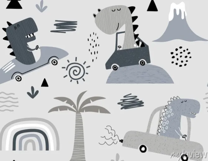 Tapeta: Childish seamless pattern with hand drawn dino in scandinavian