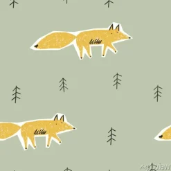 Tapeta: Childish seamless pattern with cute fox and forest. vector texture