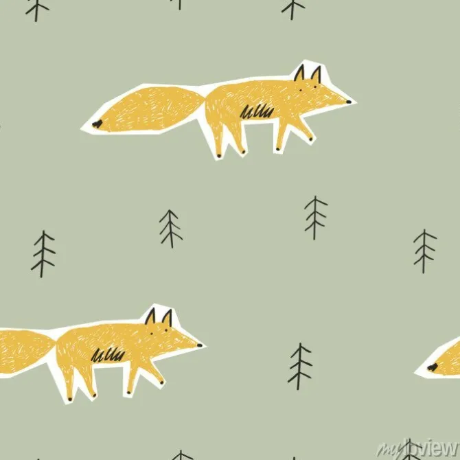 Tapeta: Childish seamless pattern with cute fox and forest. vector texture