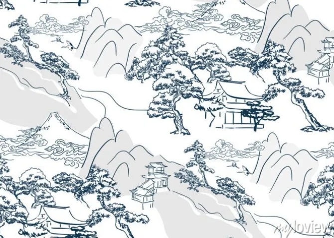 Tapeta: Chinese lanscape japanese vector pattern oriental mountais seamless