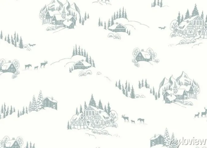 Tapeta: Christmas seamless pattern with drawing winter landscape, houses,