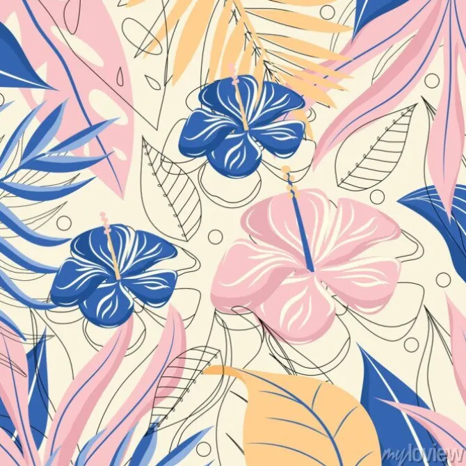 Tapeta: Colorful tropical background with flowers and leaves. vector