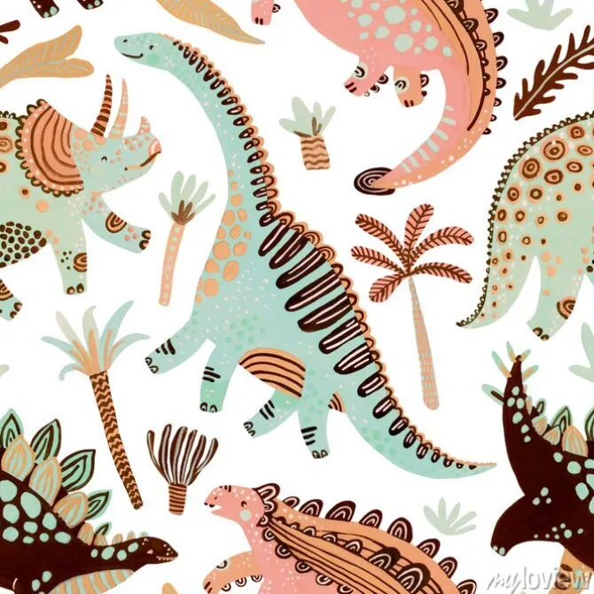 Tapeta: Cute cartoon dinosaurs seamless pattern in scandinavian style