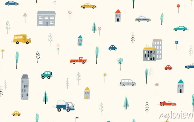 Tapeta: Cute childrens seamless pattern with cars, road, houses on a