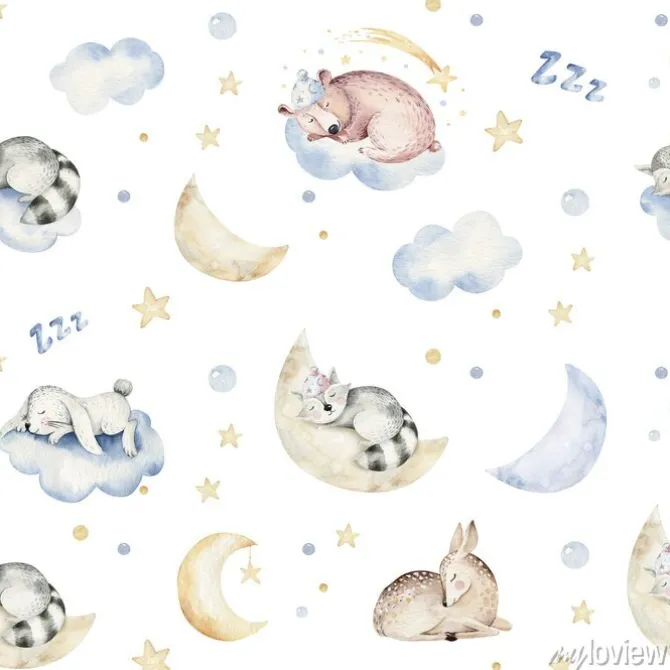 Tapeta: Cute dreaming cartoon animal hand drawn watercolor seamless pattern.
