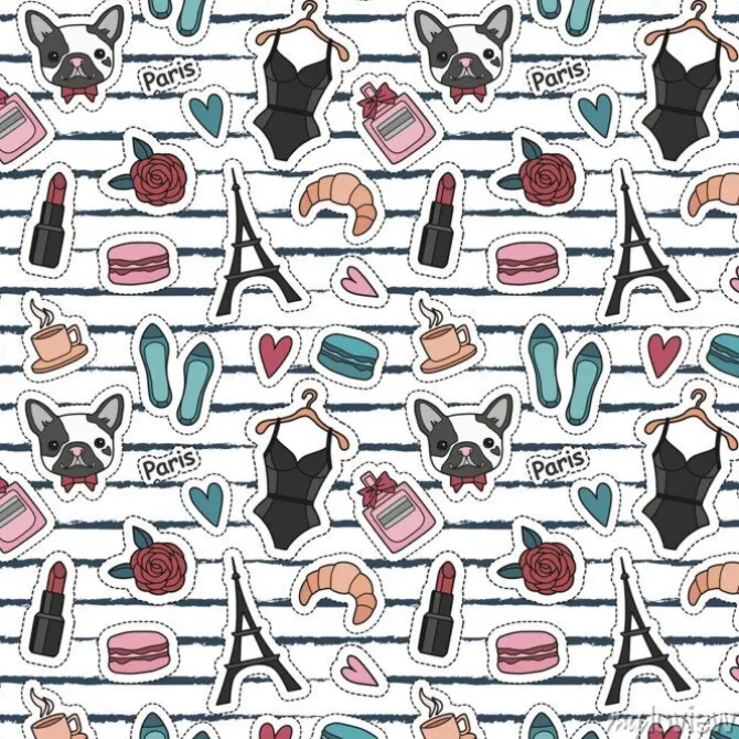 Tapeta: Cute mody bezszwowych wzór z poprawki odznaki: serca, wieża eiffla,