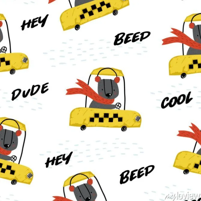 Tapeta: Cute seamless pattern with funny bear taxi driver. perfect for