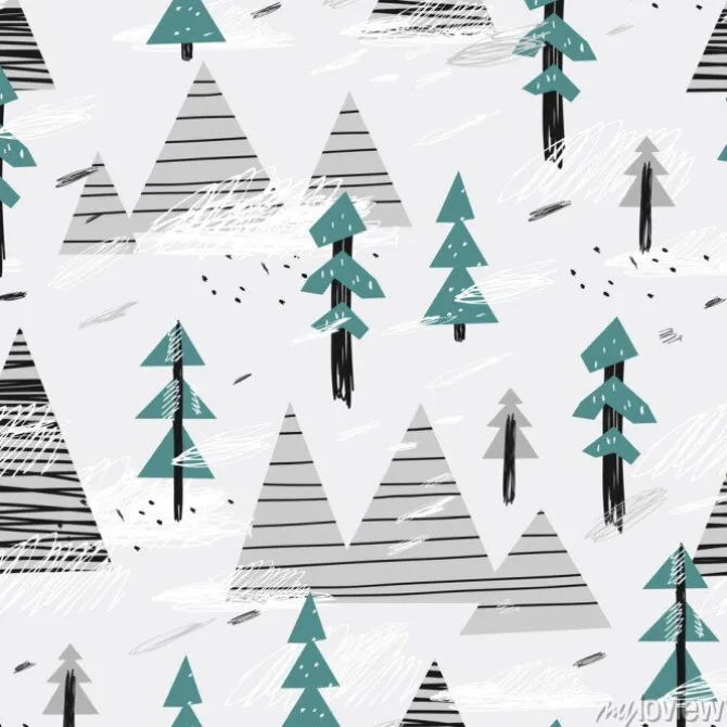 Tapeta: Cute seamless pattern with mountains and trees. creative scandinavian