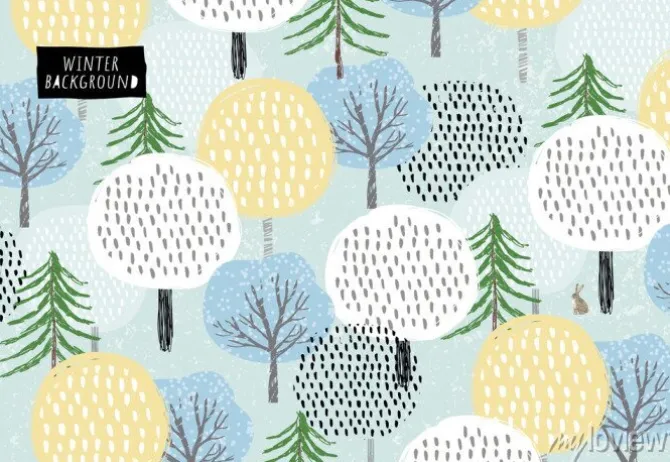 Tapeta: Cute vector pattern of winter trees, spruce and snow. background