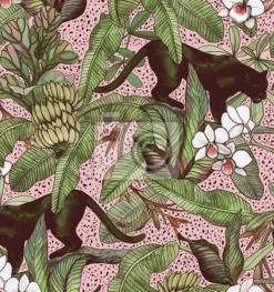 Tapeta: Czarne pantery wśród tropikalnych liści i kwiatów