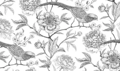 Tapeta: Czarno biały wzór w kwiaty i bażanty
