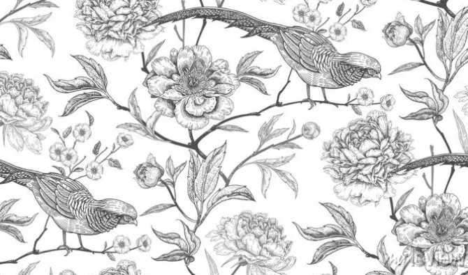 Tapeta: Czarno biały wzór w kwiaty i bażanty