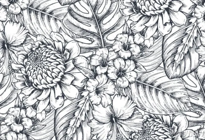 Tapeta: Czarno biały wzór w egzotyczne rośliny