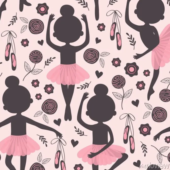 Tapeta: Czarny i różowy bezszwowy wzór z sylwetki baleriny dziewczyną