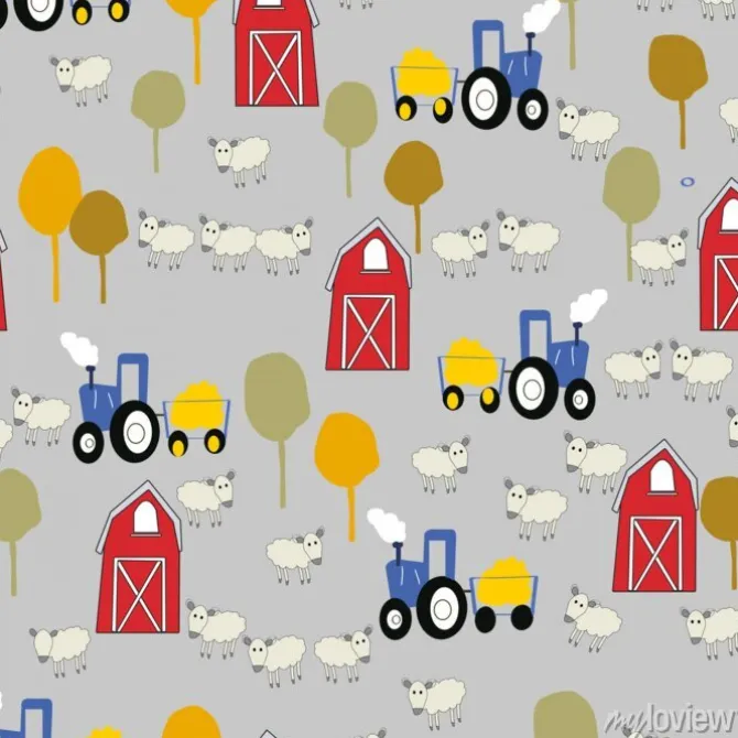 Tapeta: Czerwona stodoła i owiec farmy wzór