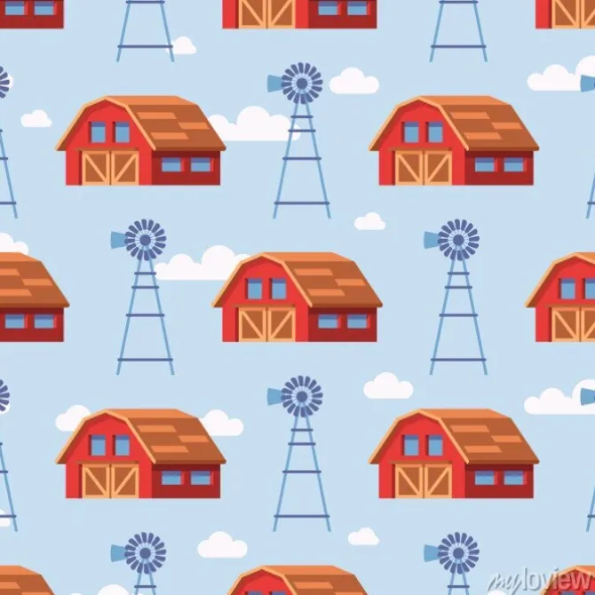 Tapeta: Czerwony dom wiejski wzór bez szwu
