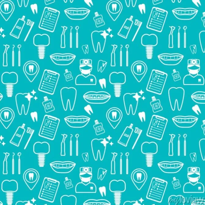 Tapeta: Dental szwu. białe ikony liniowe. niebieskie tło płaska konstrukcja.