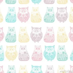 Tapeta: Doodle koty i sowy. wektor bez szwu z ręcznie rysowane ptak i