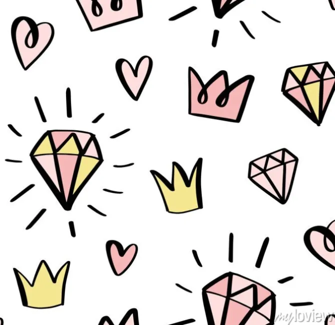Tapeta: Doodle seamless pattern with hand drawn diamonds, crowns and
