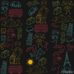 Tapeta: Doodle wektor zestaw podróż, wakacje, przygoda. dzieci z rodzicami