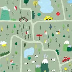 Tapeta: Dziecięca mapa z wiejskimi leśnymi ilustracjami