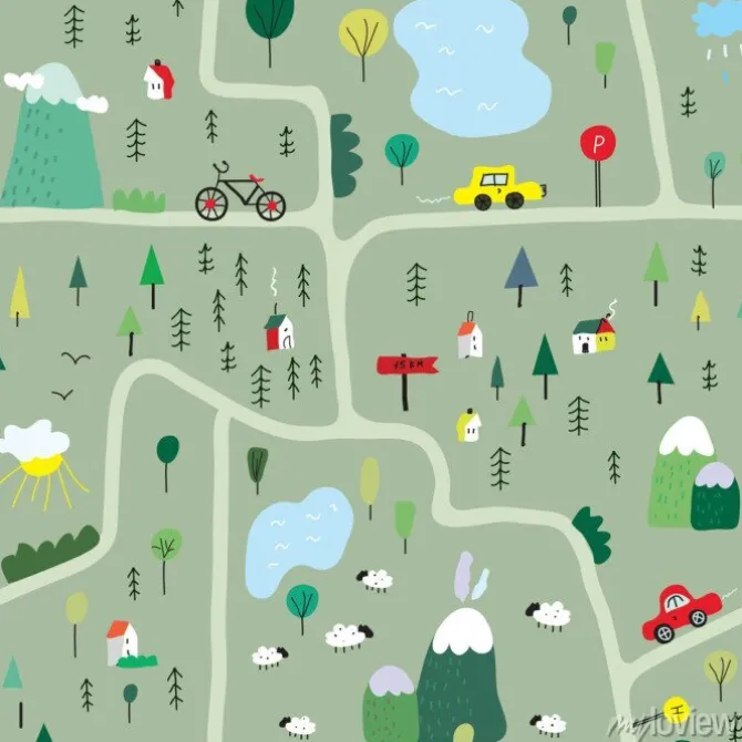 Tapeta: Dziecięca mapa z wiejskimi leśnymi ilustracjami