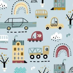 Tapeta: Dziecięcy bezszwowy wzór z budynkami, drogą, transportem, abstrakcjonistycznymi