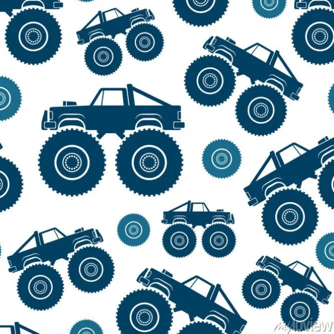 Tapeta: Dziecięcy wzór z kolorowymi monster truckami