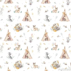 Tapeta: Dziecięcy wzór z szopem jeleniem i królikiem