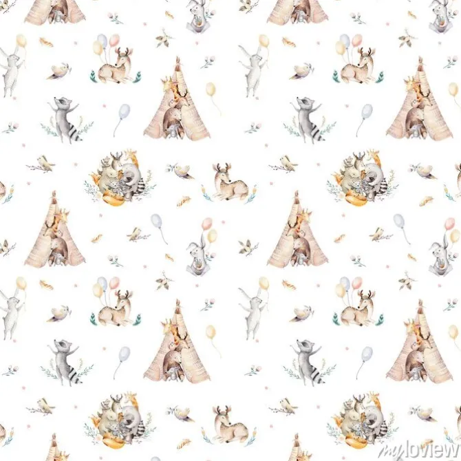 Tapeta: Dziecięcy wzór z szopem jeleniem i królikiem