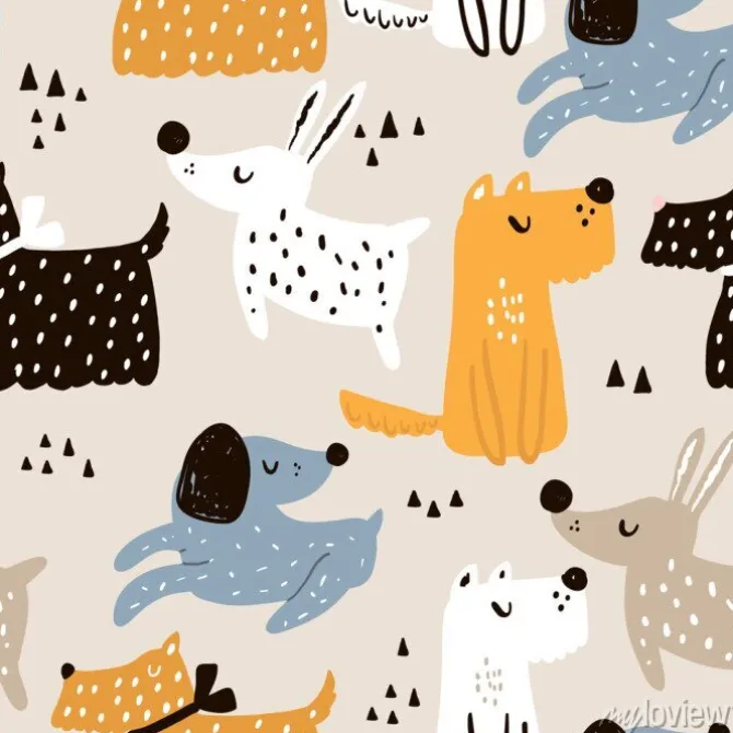 Tapeta: Dziecinna wzór z ręcznie rysowane psy. modny skandynawski tło