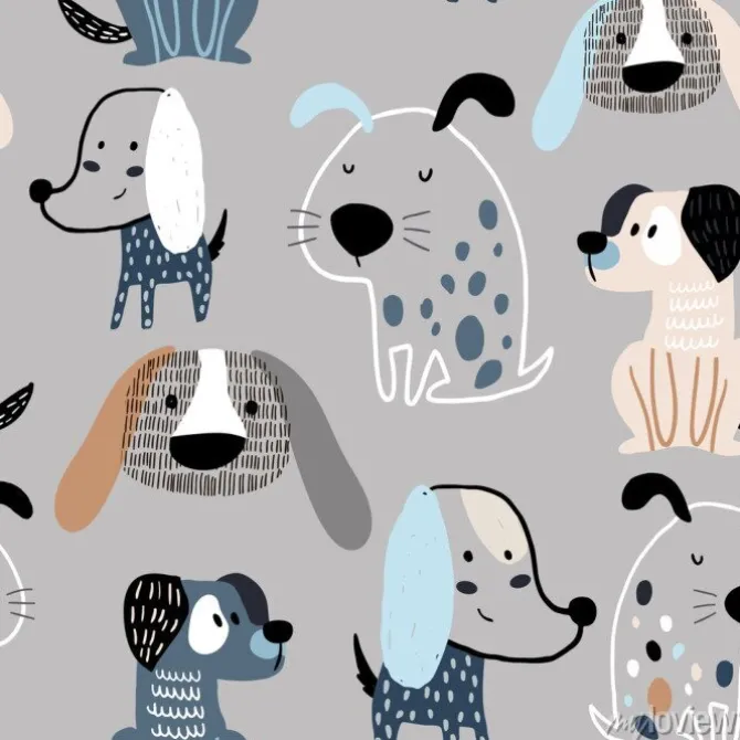 Tapeta: Dziecinna wzór zabawny kreatywnych psów. modny skandynawski wektorowy