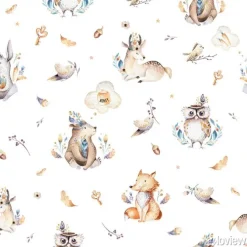 Tapeta: Dziecko zwierzęta przedszkola na białym tle wzór z bannies. akwarela