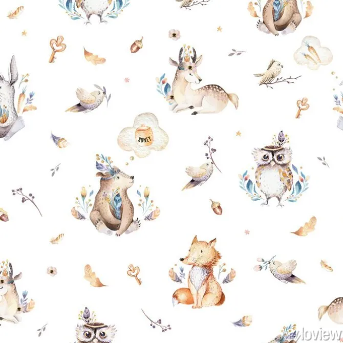 Tapeta: Dziecko zwierzęta przedszkola na białym tle wzór z bannies. akwarela