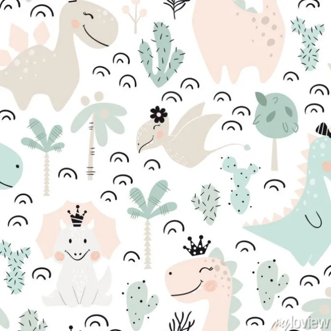 Tapeta: Dziewczęcy pastelowy wzór w dinozaury