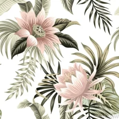 Tapeta: Egzotyczne kwiaty i liście w pastelowych kolorach