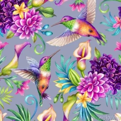 Tapeta: Egzotyczne kwiaty i kolibry w akwarelowej kompozycji