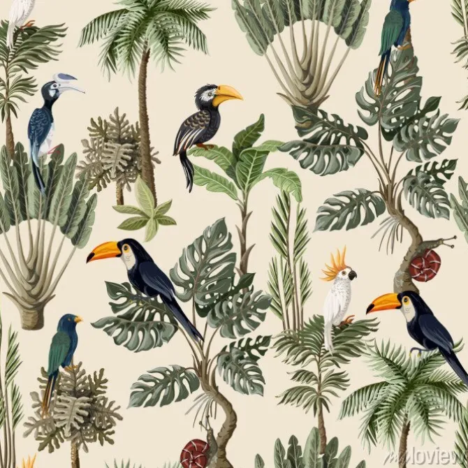 Tapeta: Egzotyczne ptaki wśród palm i monster