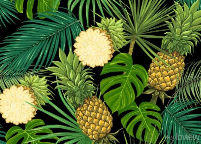 Tapeta: Egzotyczne rośliny z kwiatami i ananasami