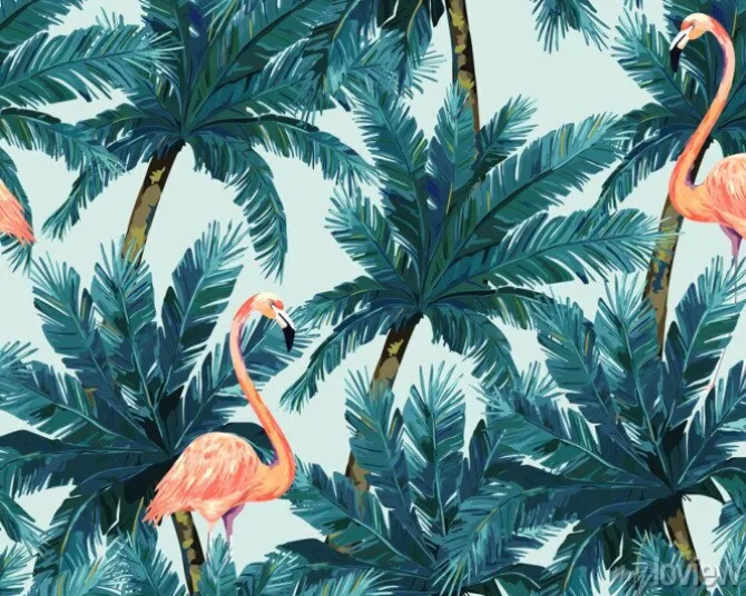Tapeta: Egzotyczny letni wydruk. bezszwowy wzór z drzewkiem palmowym