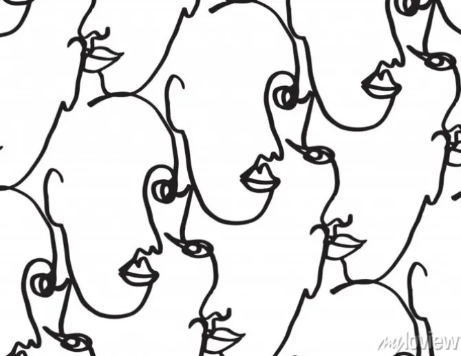Tapeta: Faces, modern, seamless pattern in line drawing, black and white