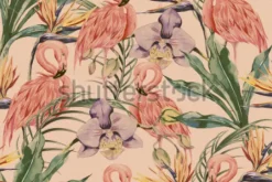 Tapeta: Flamingi wśród storczyków i liści w stylu akwarelowym