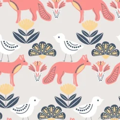Tapeta: Folk art birds and foxes in a scandinavian pattern design