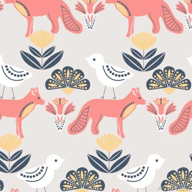 Tapeta: Folk art birds and foxes in a scandinavian pattern design