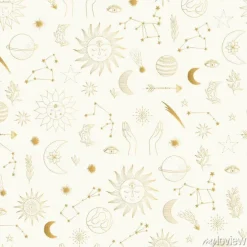 Tapeta: Gold foil pattern with cute hand drawn sun, planet, moon star.
