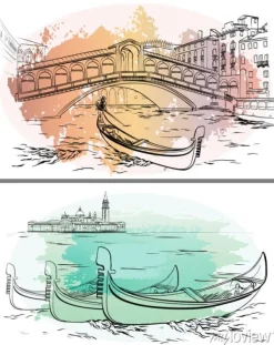 Tapeta: Gondoliers w pobliżu rialto, lido, akwarela wenecji